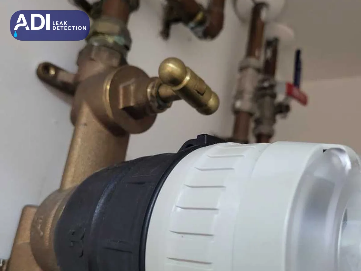 Brass valves on copper pipework, with a large black and white fitting attached